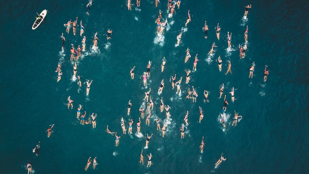 swimmers swimming in a crowded water