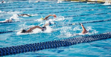 people swimming in an olympic swimming pool